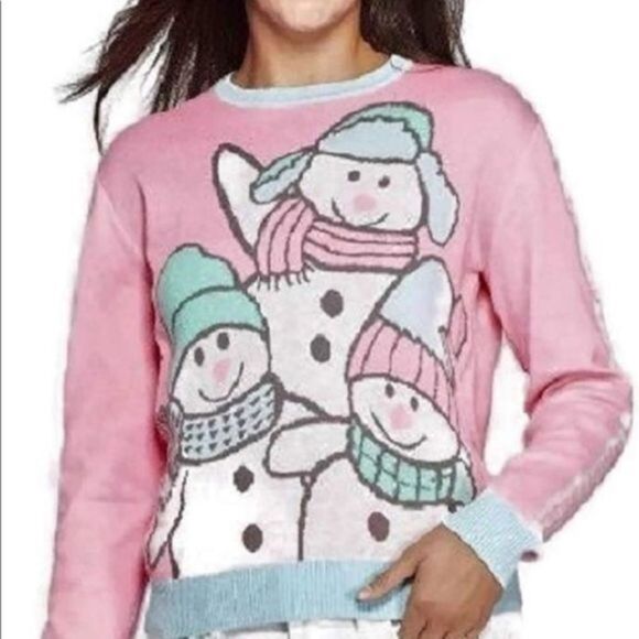 Snowman Ugly Christmas Holiday Sweater Pink (Junior) Chillin with My Snowmies - Picture 2 of 12